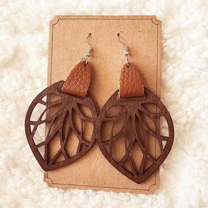 5/$25 Laser Engraved Wooden Leaf Design with Brown Leather Earrings